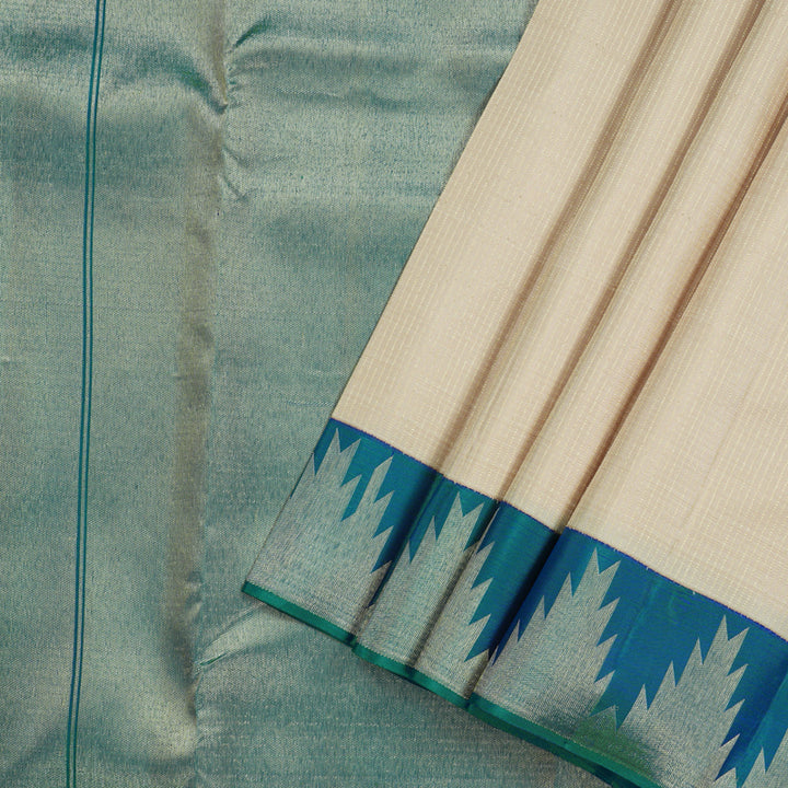 Hayagrivas Half White Handloom Kanjivaram Silk Saree with Peacock Blue Border KBE281E14-1