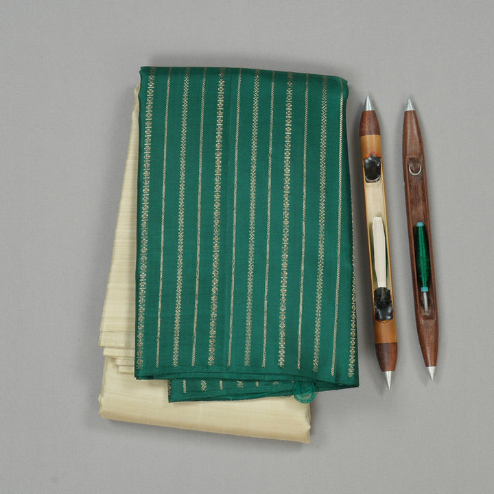 Hayagrivas Half White Handloom Kanjivaram Silk Saree with Teal Green Border KBE281E21-1