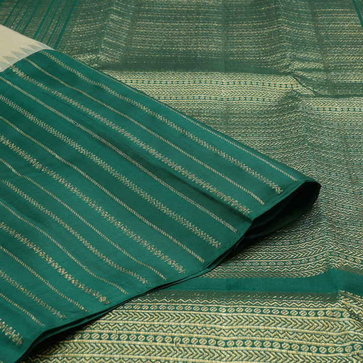 Hayagrivas Half White Handloom Kanjivaram Silk Saree with Teal Green Border KBE281E21-1