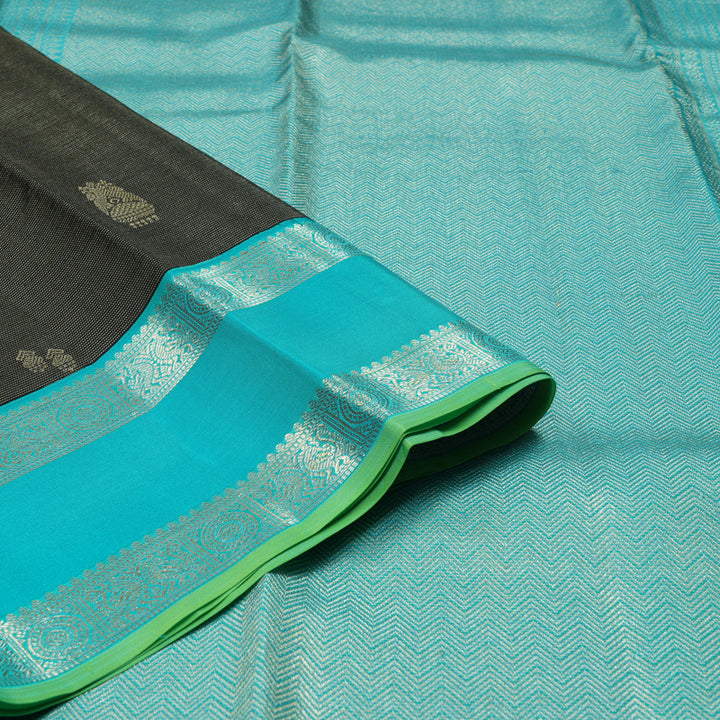 Hayagrivas Handloom Black Kanjivaram Silk Saree with Sky blue border KBE281E9-2