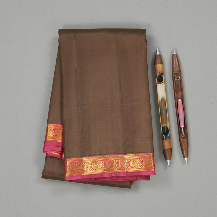 Hayagrivas Chocolate Brown Handloom Kanjivaram Silk Saree with Pink Border KBE282E23-4