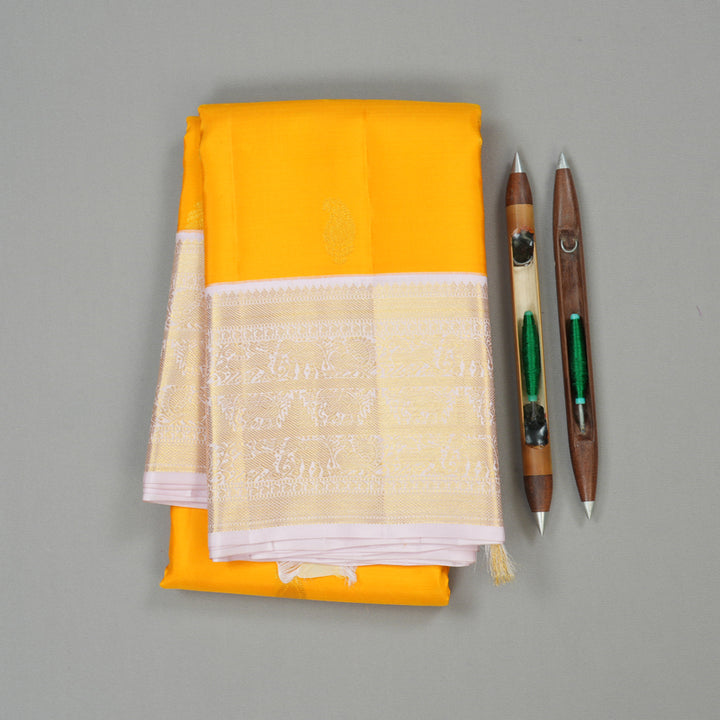 Hayagrivas Yellow Handloom Kanjivaram Silk Saree with Baby Pink Border KBE282E24-3