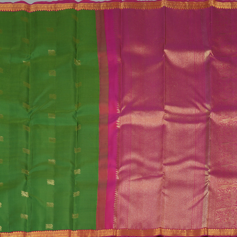 Hayagrivas Dark Green Handloom Kanjivaram Silk Saree with Reddish Pink Border KBE282E30-1