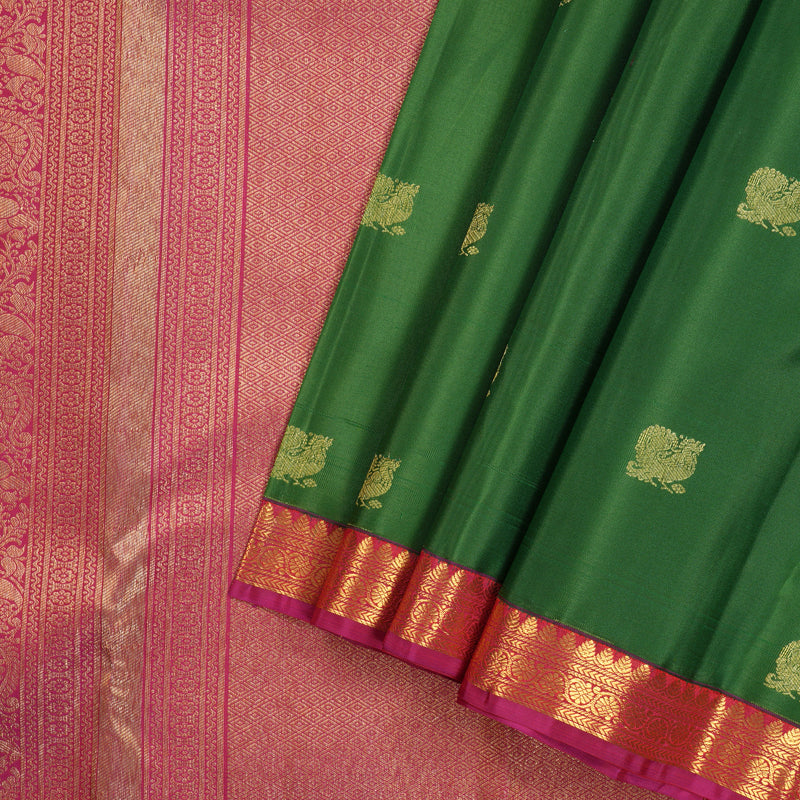 Hayagrivas Dark Green Handloom Kanjivaram Silk Saree with Reddish Pink Border KBE282E30-1