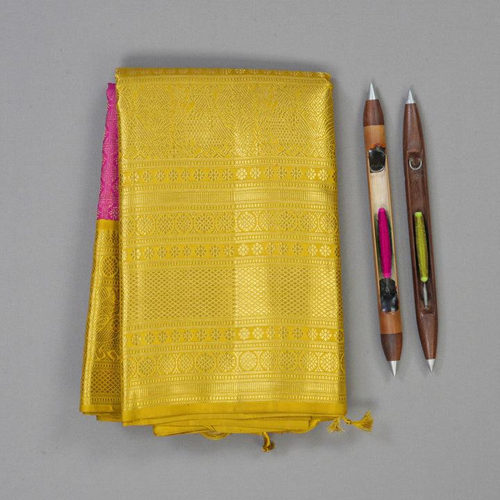 Hayagrivas Handloom Magenta Kanjivaram Silk Saree with Sampanga Yellow Border KBE286E1-1
