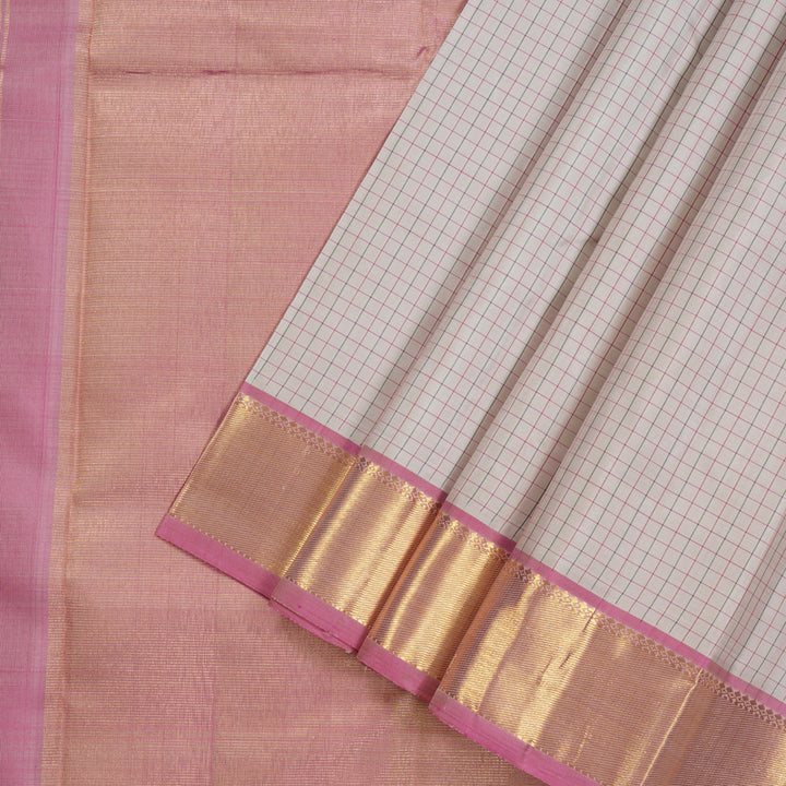 Hayagrivas Handloom Kanjivaram silk saree in Half white with baby pink contrast KBE286E19-2