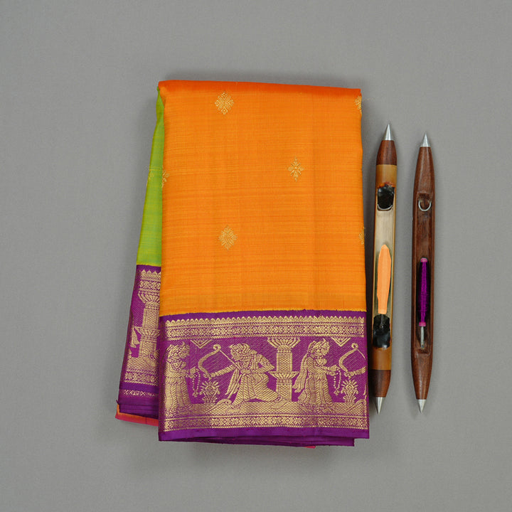 Hayagrivas Mubagam(Fluorescent Green,Pink And Mango Yellow) Handloom Kanjivaram Silk Saree with Purple Border KBE28D6-1