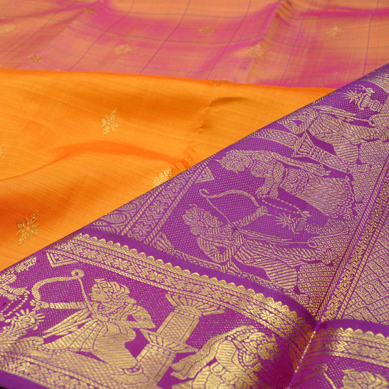 Hayagrivas Mubagam(Fluorescent Green,Pink And Mango Yellow) Handloom Kanjivaram Silk Saree with Purple Border KBE28D6-1