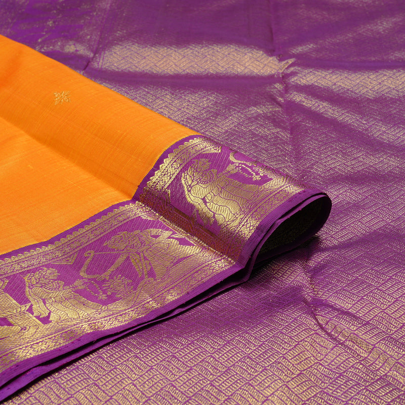 Hayagrivas Mubagam(Fluorescent Green,Pink And Mango Yellow) Handloom Kanjivaram Silk Saree with Purple Border KBE28D6-1