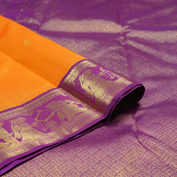 Hayagrivas Mubagam(Fluorescent Green,Pink And Mango Yellow) Handloom Kanjivaram Silk Saree with Purple Border KBE28D6-1