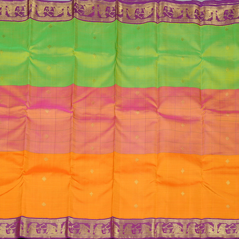 Hayagrivas Mubagam(Fluorescent Green,Pink And Mango Yellow) Handloom Kanjivaram Silk Saree with Purple Border KBE28D6-1