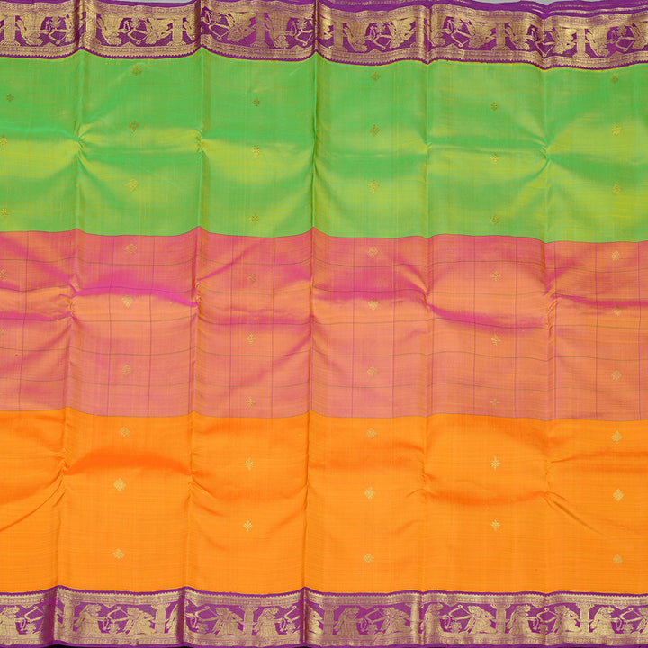 Hayagrivas Mubagam(Fluorescent Green,Pink And Mango Yellow) Handloom Kanjivaram Silk Saree with Purple Border KBE28D6-1