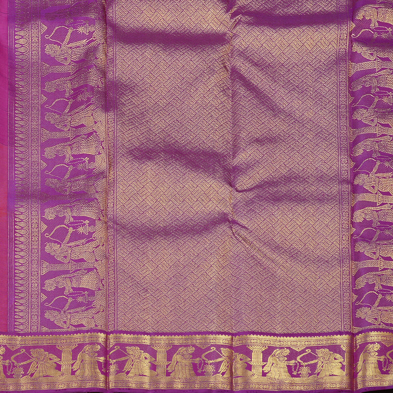 Hayagrivas Mubagam(Fluorescent Green,Pink And Mango Yellow) Handloom Kanjivaram Silk Saree with Purple Border KBE28D6-1