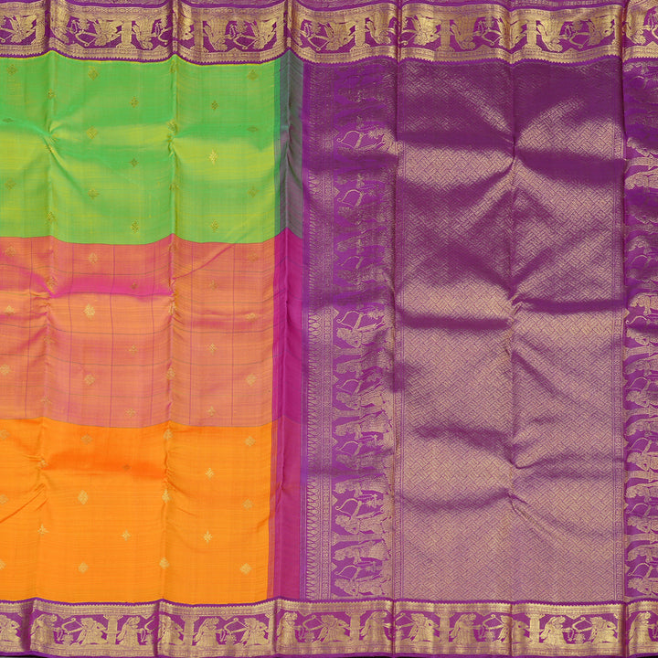 Hayagrivas Mubagam(Fluorescent Green,Pink And Mango Yellow) Handloom Kanjivaram Silk Saree with Purple Border KBE28D6-1