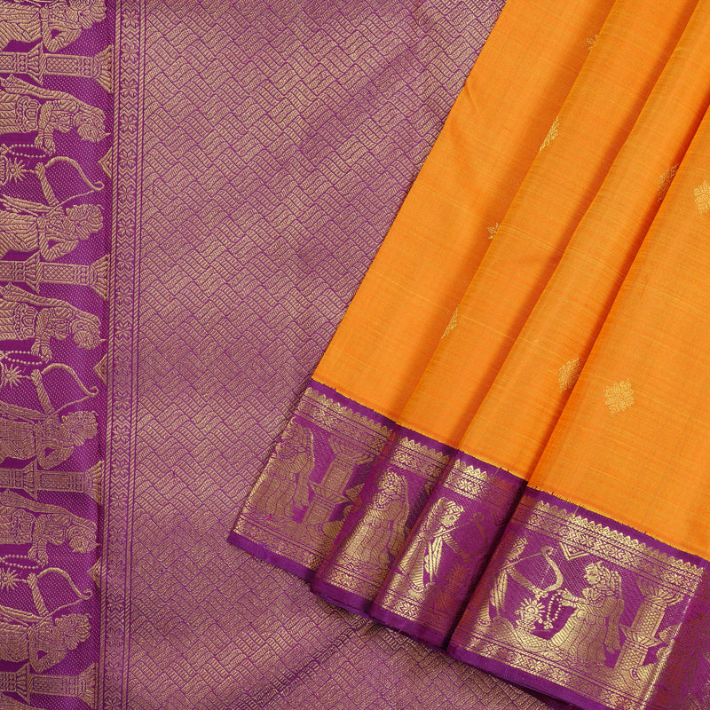 Hayagrivas Mubagam(Fluorescent Green,Pink And Mango Yellow) Handloom Kanjivaram Silk Saree with Purple Border KBE28D6-1