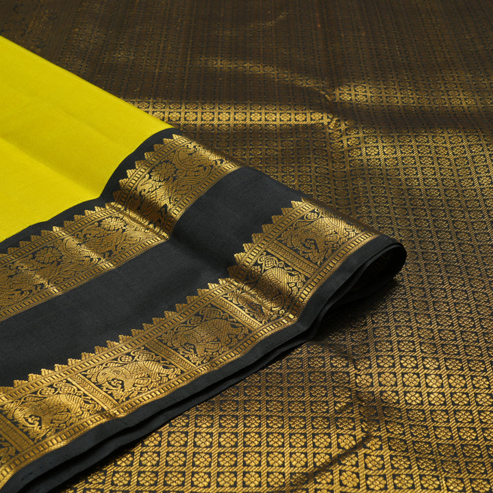 Hayagrivas Lemon Yellow Handloom Kanjivaram Silk Saree with Black Border KBE292E2-1