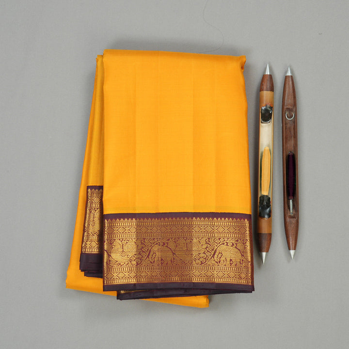 Hayagrivas Mustard Handloom Kanjivaram Silk Saree with Dark Purple Border KBE292E3-2