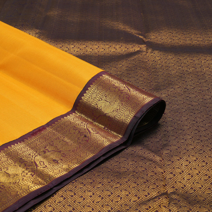 Hayagrivas Mustard Handloom Kanjivaram Silk Saree with Dark Purple Border KBE292E3-2