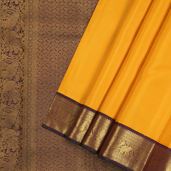 Hayagrivas Mustard Handloom Kanjivaram Silk Saree with Dark Purple Border KBE292E3-2