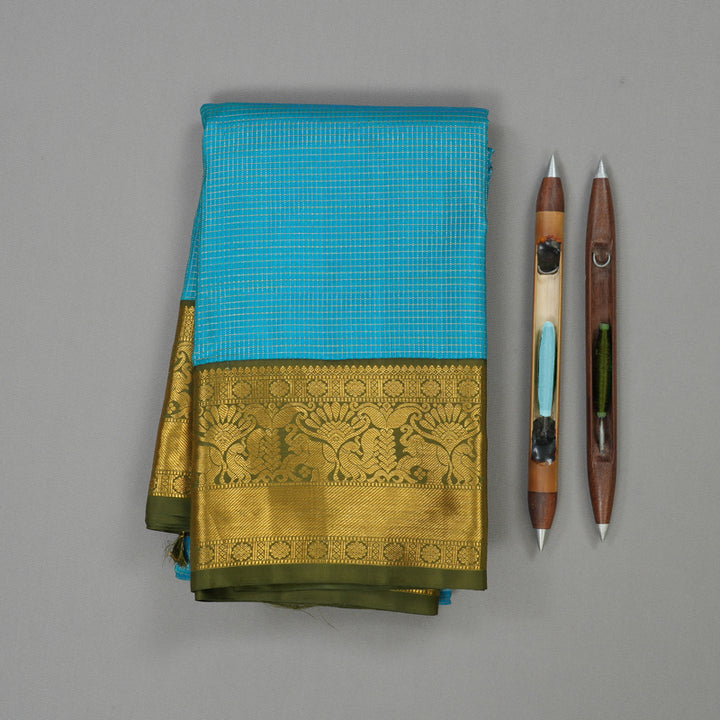 Hayagrivas Handloom Aqua Blue Kanjivaram Silk Saree with Olive Green Border KBE293E7-1