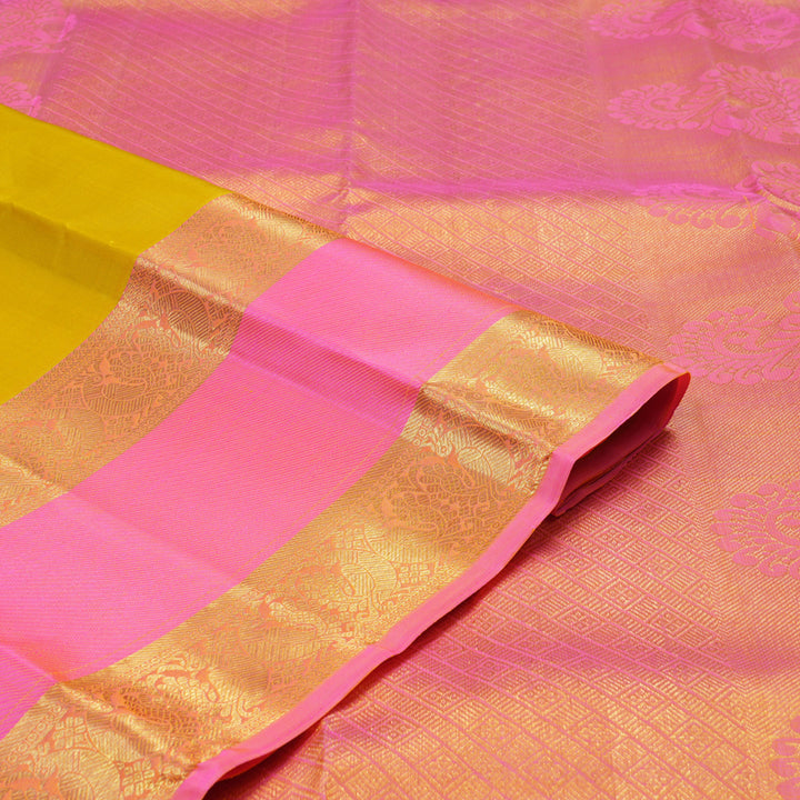 Hayagrivas Handloom Kanjivaram silk saree in Lemon yellow with baby pink contrast Retta pet border KBE294E1-1