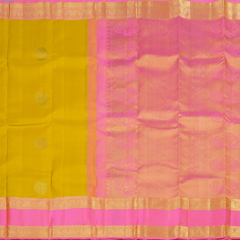 Hayagrivas Handloom Kanjivaram silk saree in Lemon yellow with baby pink contrast Retta pet border KBE294E1-1