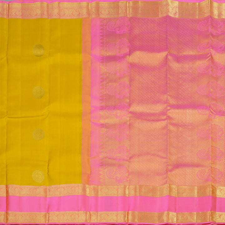 Hayagrivas Handloom Kanjivaram silk saree in Lemon yellow with baby pink contrast Retta pet border KBE294E1-1