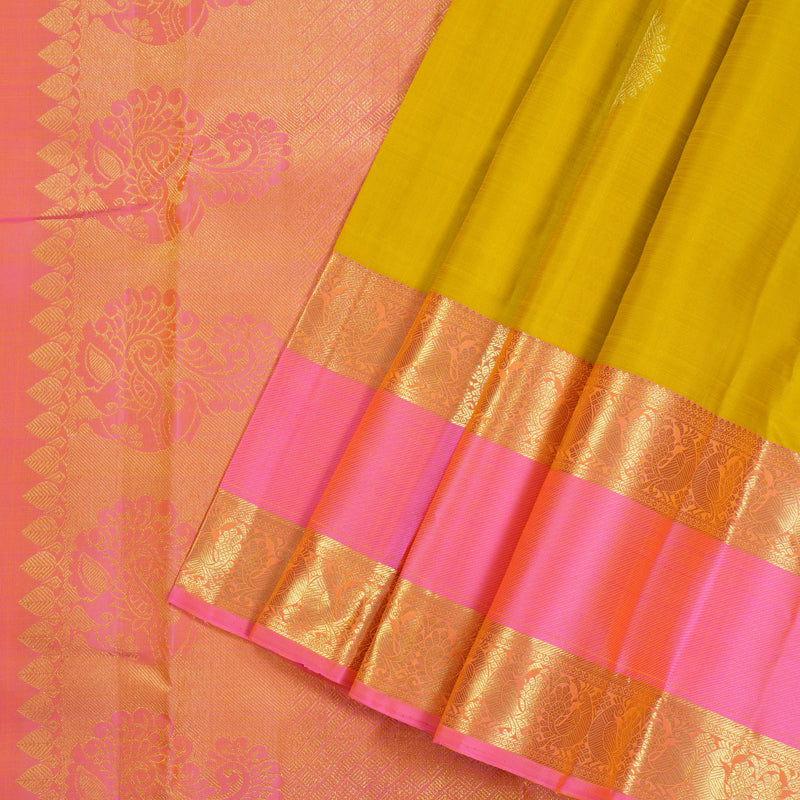 Hayagrivas Handloom Kanjivaram silk saree in Lemon yellow with baby pink contrast Retta pet border KBE294E1-1