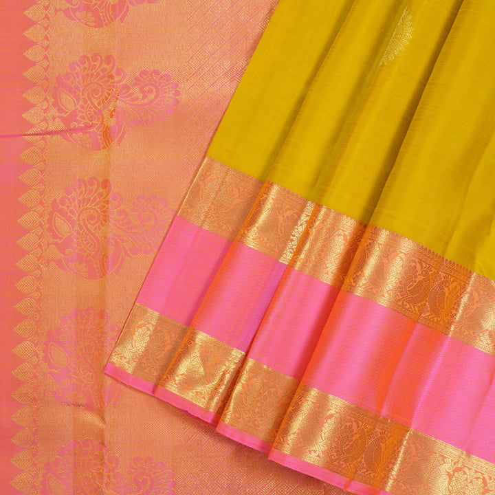 Hayagrivas Handloom Kanjivaram silk saree in Lemon yellow with baby pink contrast Retta pet border KBE294E1-1