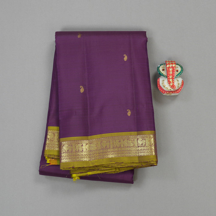 Hayagrivas Handloom Kanjivaram Silk Saree in Dark Purple with Sampanga Yellow KBE299E1-3