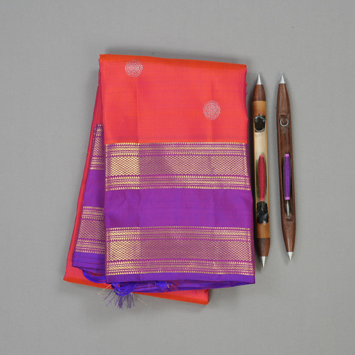 Hayagrivas Handloom Kanjivaram silk saree in Orangish pink with purple Retta pet KBE299E5-2