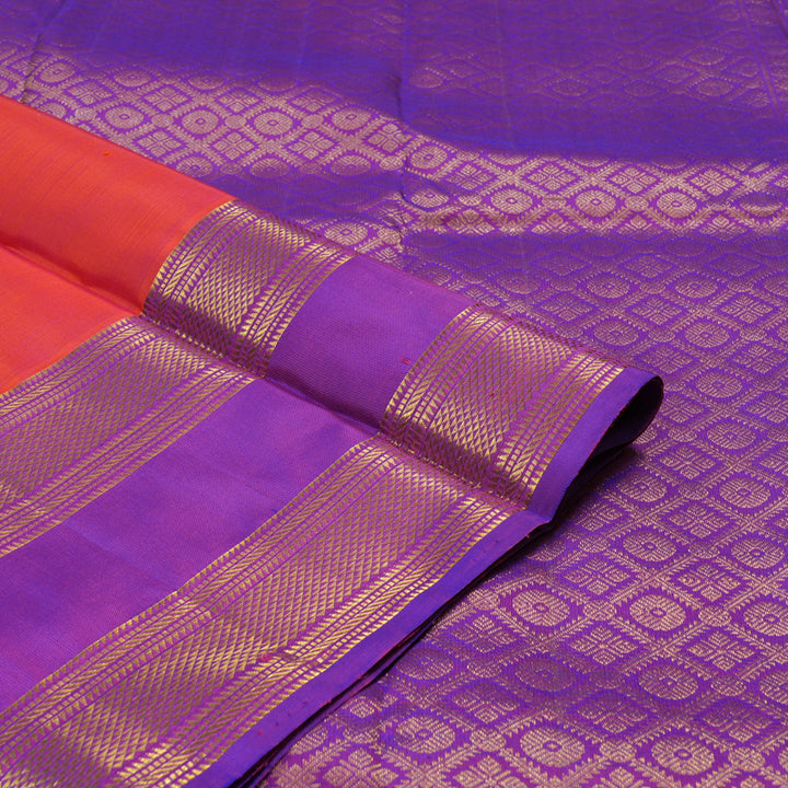 Hayagrivas Handloom Kanjivaram silk saree in Orangish pink with purple Retta pet KBE299E5-2