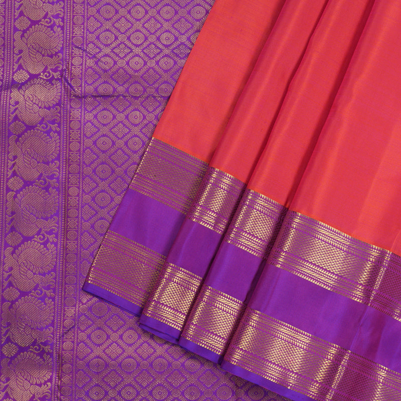 Hayagrivas Handloom Kanjivaram silk saree in Orangish pink with purple Retta pet KBE299E5-2
