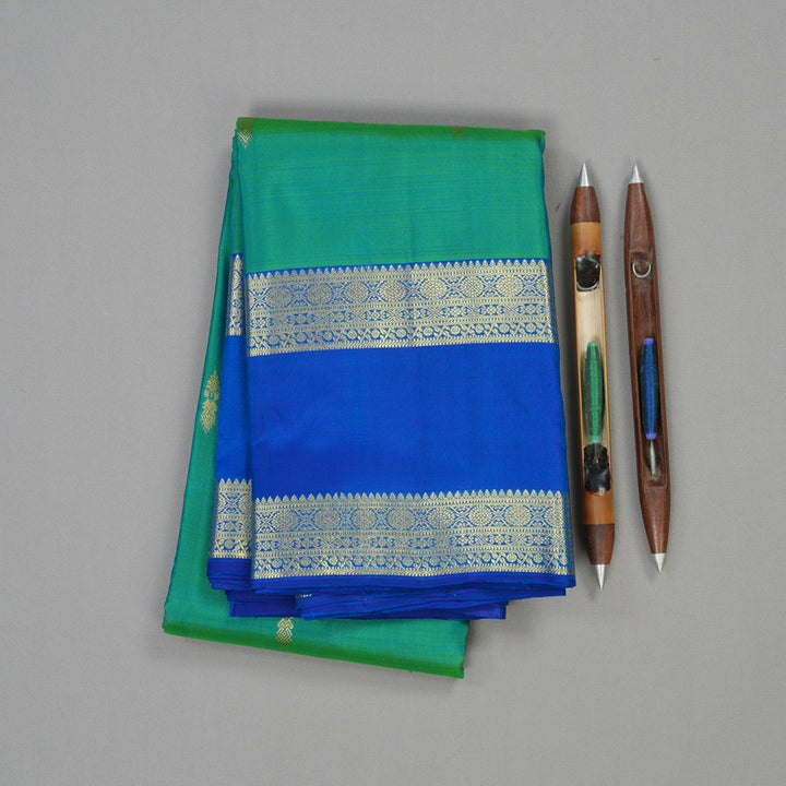 Hayagrivas Handloom Kanjivaram silk saree in Sea green with blue contrast Retta pet border KBE299E5-5