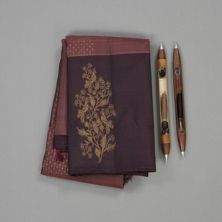 Hayagrivas Handloom Kanjivaram silk saree in Rosewood pink with dark brown KBE303E18-1