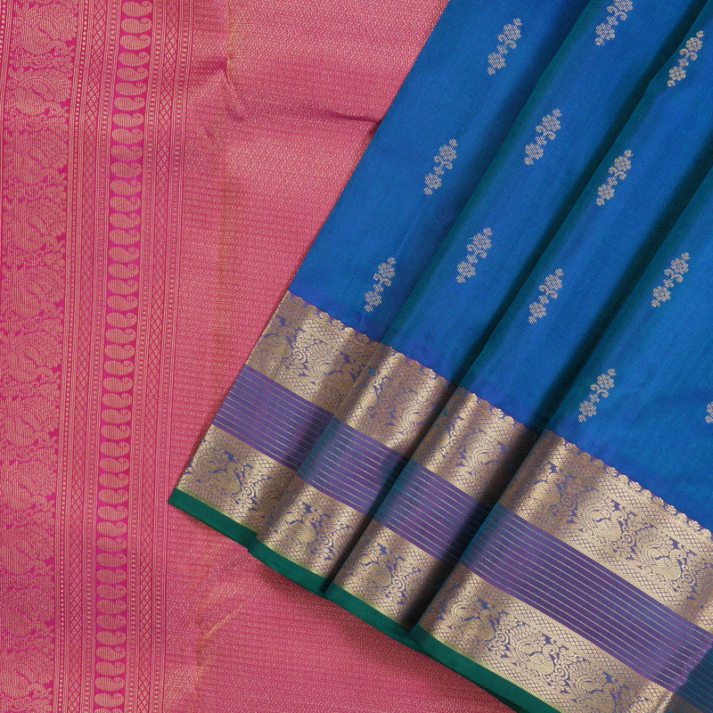 Hayagrivas Handloom Kanjivaram Silk Saree Majestic Blue with Pink KBE304E25-6