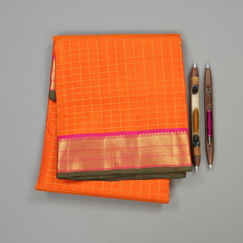 Hayagrivas Orange Handloom Kanjivaram Ten Yards Silk Saree with Pink Border KBE309E2-1