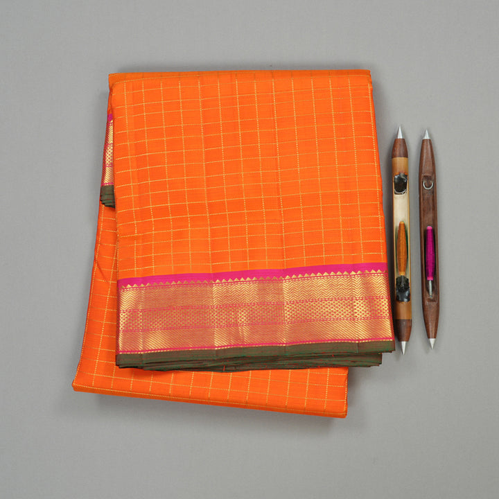 Hayagrivas Orange Handloom Kanjivaram Ten Yards Silk Saree with Pink Border KBE309E2-1