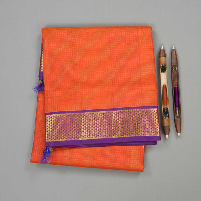 Hayagrivas Orange Handloom Kanjivaram Ten Yards Silk Saree with Purple Border KBE309E2-2