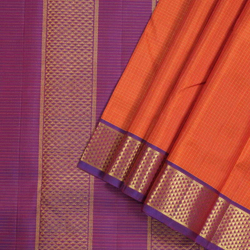 Hayagrivas Orange Handloom Kanjivaram Ten Yards Silk Saree with Purple Border KBE309E2-2