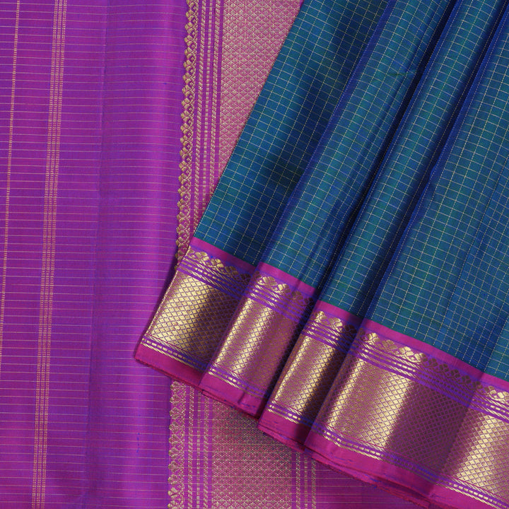 Hayagrivas Peacock Blue Handloom Kanjivaram Ten Yards Silk Saree with Purple Border KBE309E2-3