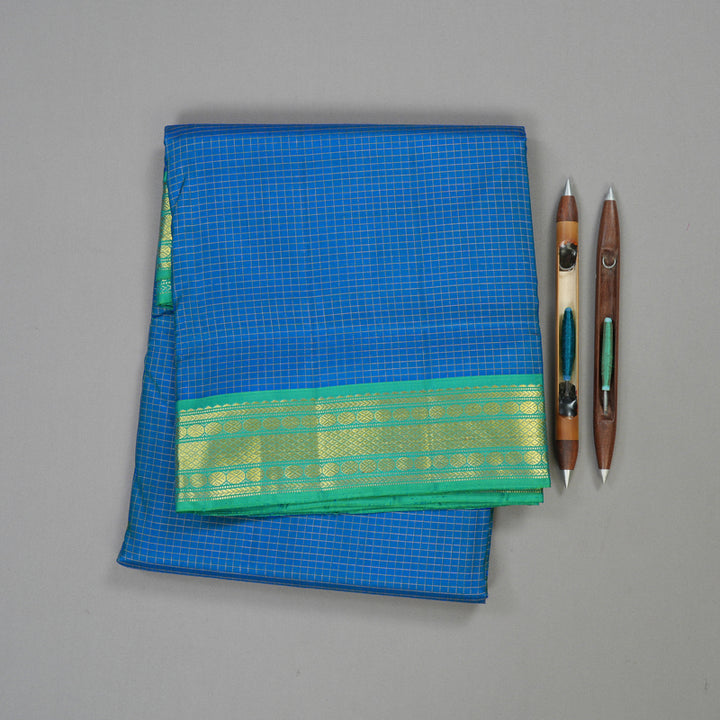 Hayagrivas Blue Handloom Kanjivaram Ten Yards Silk Saree with Sea Green Border KBE309E2-4