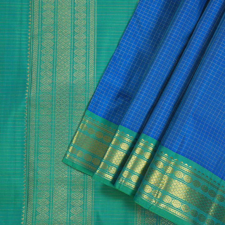 Hayagrivas Blue Handloom Kanjivaram Ten Yards Silk Saree with Sea Green Border KBE309E2-4