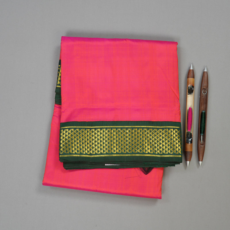 Hayagrivas Orangish Pink Handloom Kanjivaram Ten Yards Silk Saree with Bottle Green Border KBE309E4-2