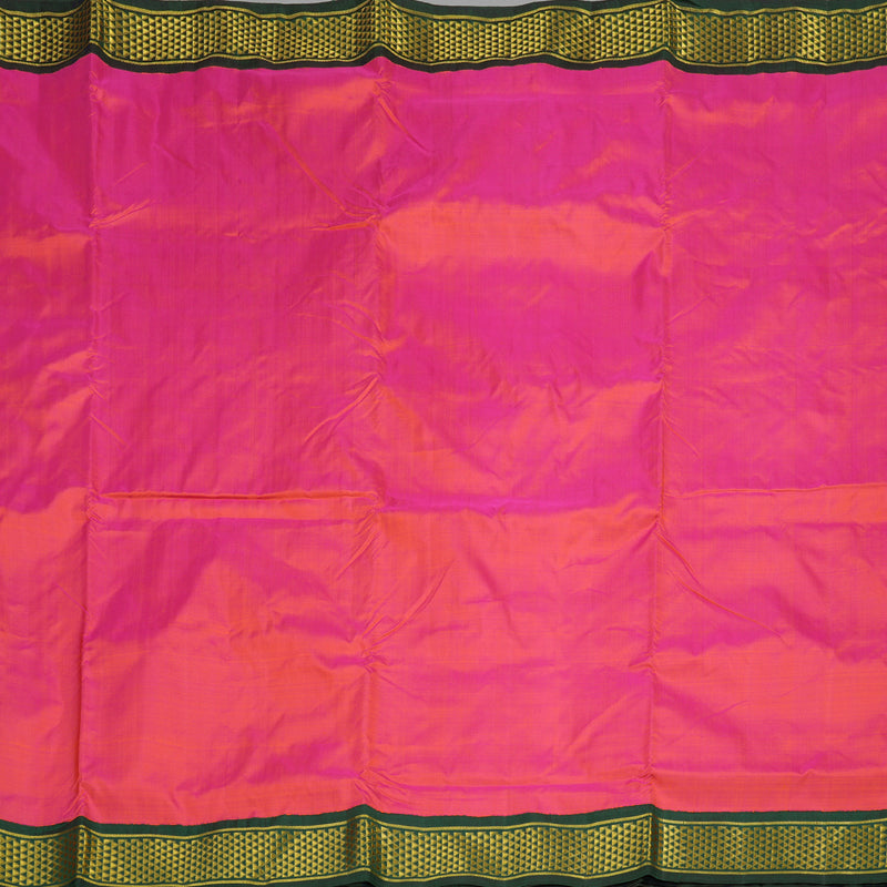 Hayagrivas Orangish Pink Handloom Kanjivaram Ten Yards Silk Saree with Bottle Green Border KBE309E4-2