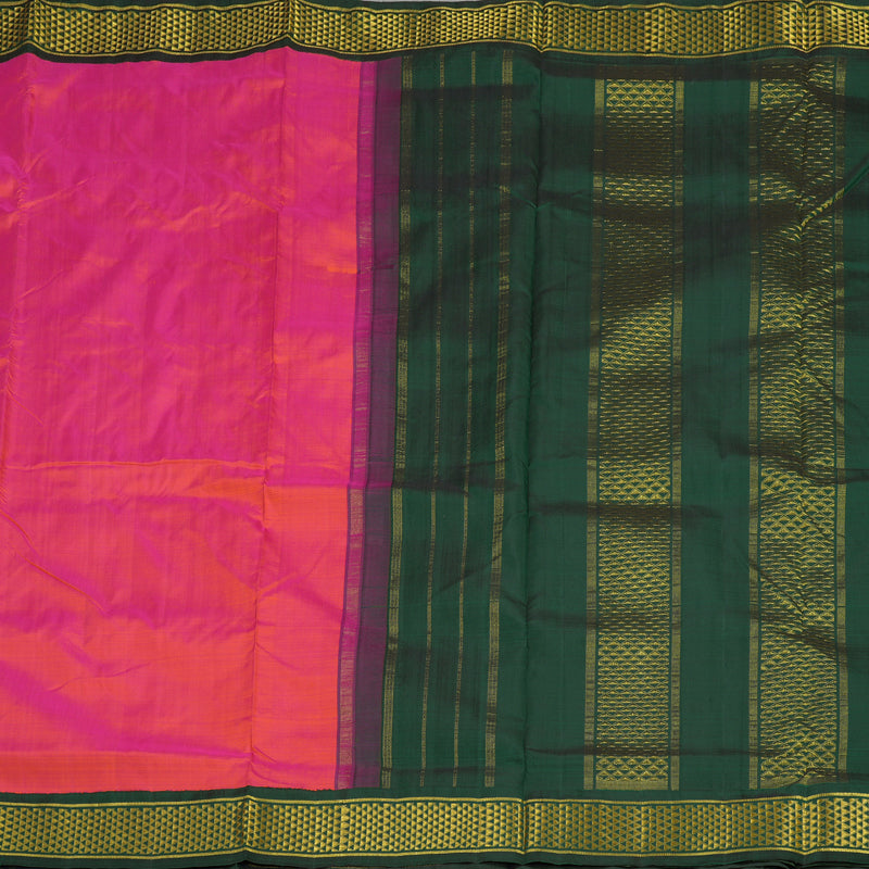 Hayagrivas Orangish Pink Handloom Kanjivaram Ten Yards Silk Saree with Bottle Green Border KBE309E4-2