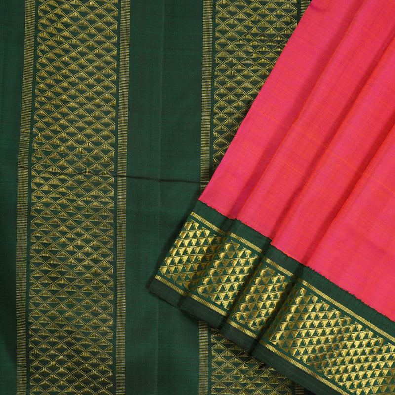 Hayagrivas Orangish Pink Handloom Kanjivaram Ten Yards Silk Saree with Bottle Green Border KBE309E4-2