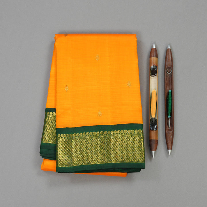 Hayagrivas Handloom Kanjivaram silk saree in vibrant Mango yellow with bottle green KBE310E5-4