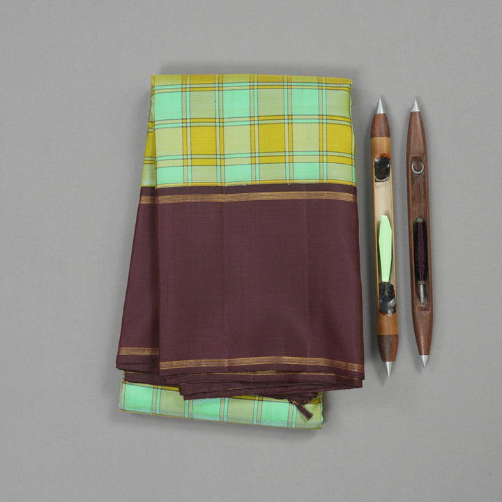 Hayagrivas Lemon Yellow With Sea Blue Checks Handloom Kanjivaram Silk Saree with Dark Brown Border KBE312E3-1