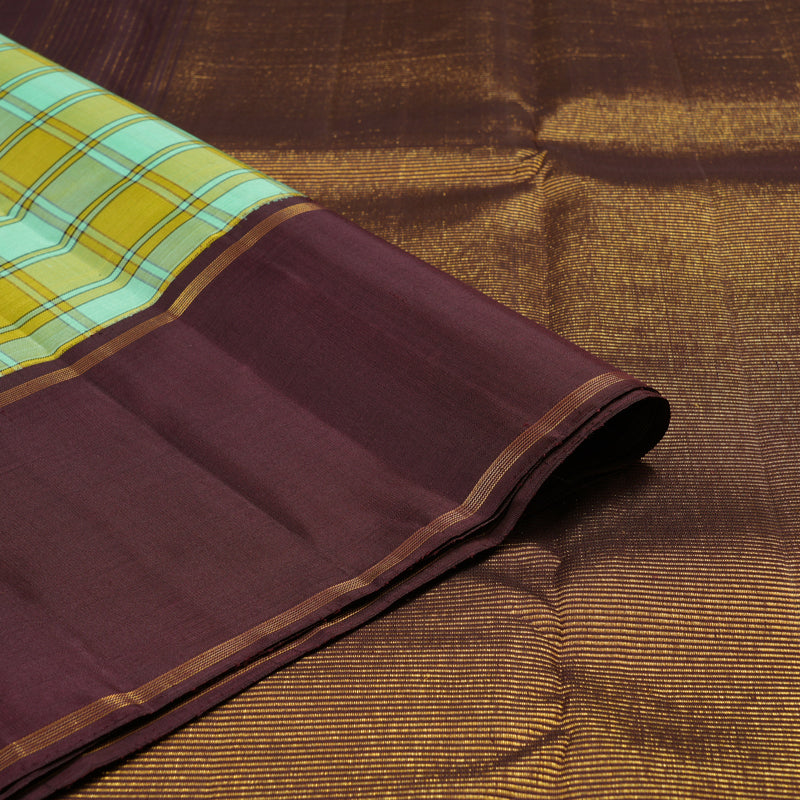 Hayagrivas Lemon Yellow With Sea Blue Checks Handloom Kanjivaram Silk Saree with Dark Brown Border KBE312E3-1